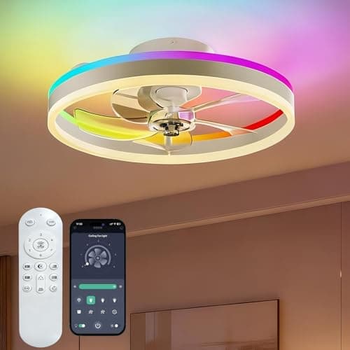 Image of RGBCW Ceiling Fan with Lights, 50cm Smart LED Fan Light Fully Assembled, 10 Dynamic RGB Modes, App/Remote Control, 5500LM Dimmable, 6 Speeds, Ultra-Quiet Flush Mount Fan Light Ceiling for Bedroom