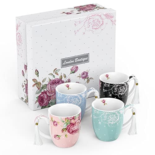 Image of London Boutique Mugs Cups Gift Set China Mugs Set of 4 Vintage Shabby Chic Flora 4 Colours Gift for Women 350ml (Roses)