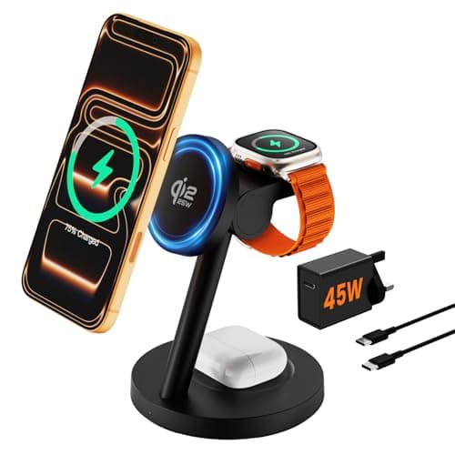 Image of JoyGeek 25 W Fast Wireless Charging Station for iPhone 17/16, 4-in-1 for MagSafe, 180° Rotatable for Apple & Samsung Watch, Fast Charge, Docking & Desk Charger, Compatible with AirPods