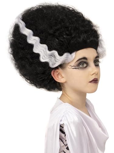Image of Smiffys Universal Monsters Bride of Frankenstein Wig, Childrens Iconic Black Wig with White Streaks, Pre-Styled Ready-to-Wear Hairpiece for Family Costume Matching, for Halloween and Themed Parties