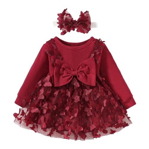 Image of Newborn Baby Girls Casual Dress Ruffle Long Sleeve Knitted Tunic Tops Princess Party Outfits Fall Winter Clothes with Headband Wine Red 6-9 Months