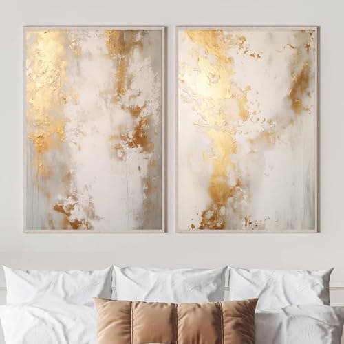 Image of Canvas and Gold Abstract Painting - Beige Wall Art with Grey and Brown Neutral Prints - White and Gold 16x24inch x2 No Frame