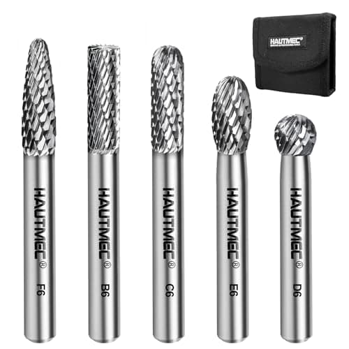 Image of HAUTMEC 5Pcs Tungsten Carbide Rotary Burr Bit YG6, 1/4" Shank Double Cut Die Grinder Bit with Belt Pouch, Low Vibration Precision Rotary File for Metal Grinding, Engraving & Deburring (6MM), HT0453