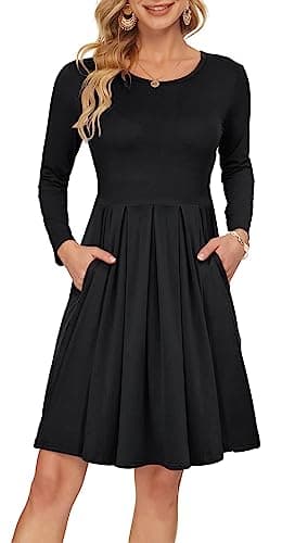 Image of AUSELILY Women's Long Sleeve Pleated Loose Swing Casual Dress with Pockets Knee Length Black XL