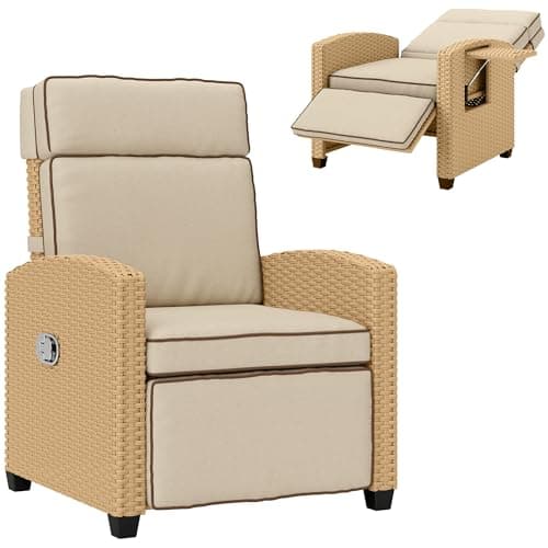 Image of Outsunny Rattan Garden Recliner Chair, Adjustable Backrest Reclining Rattan Chair with Flip Table, Cushion and Footrest, Indoor Outdoor Lounge Reclining Sun Lounger for Patio, Khaki/Beige