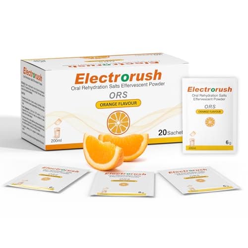 Image of Electrorush ORS (Oral Rehydration Salts) Fast & Effective Orange Flavour Effervescent Supplement for Reducing Dehydration & Replacing Electrolytes (Mineral Salts) of Lost Body Water & Salt 20 Sachets