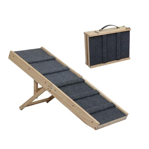 Image of Skylos Wooden Dog Ramp for Bed, 3 Height Adjustable Pet Ramp for Small Medium Dogs, Folding Dogs Sofa Ramps, Non-slip Carpet Safety Dog Ladder for Sofa, Bed, Couch, 90x35cm