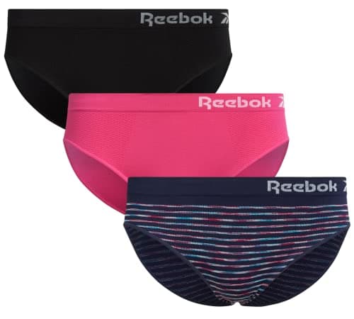 Image of Reebok Women s Underwear Seamless Microfiber Bikini Panties (3 Pack), Size Medium, Scuba Blue/Purple/Black
