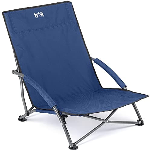 Image of trail outdoor leisure Low Folding Beach Chair, Lightweight Portable Camping Festival Picnic Lounger Seat, Padded Armrests, Carry Bag with Strap (Navy Blue)