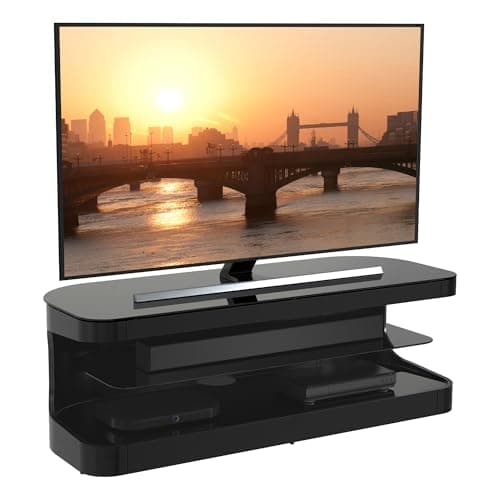 Image of AVF Affinity Kensington Plus 1.25m TV Stand – Grained Black – Fits TVs up to 65 Inch / 60kg – Curved Corner or Flat Wall Design with Floating Glass Shelf, Black Tempered Safety Glass, Cable Management