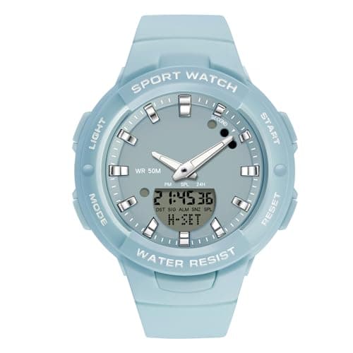 Image of RORIOS Girls Electronic Wristwatch Digital Analog Quartz Watch Ladies Simple Wrist Watch Resin 50M Waterproof Watch Multifunctional Military Watch for Women Blue