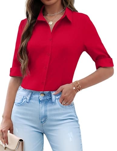 Image of Zeagoo Blouses for Women UK Button Down Fitted Shirts 3/4 Sleeve Blouse Business Short Sleeve Shirt Ladies Work Office Tops Red M