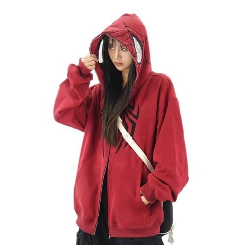 Image of LREUIP Y2K Hip Hop Spider Hoodie for Women Men Graphic Full Zip up Hoodies Oversized Kawaii gothic punk Hoodies Jacket, Red, Large