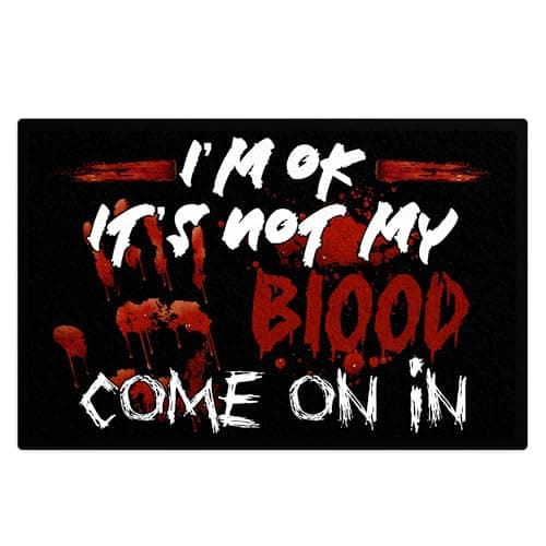 Image of Purple Print House Spooky Halloween Doormat I'm Ok It's Not My Blood Come On In Horror Floor Mat Decorations Festive October Trick Or Treat, 75cm x 50cm, Black