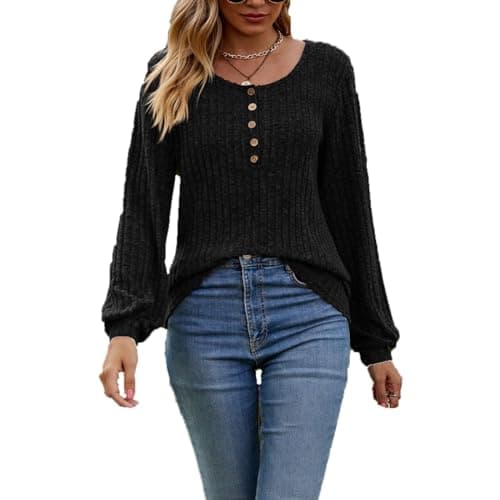 Image of LIAOPUFUS Women's Knitted T-Shirt Long Sleeve Brushed Bishop's Sleeve Button Shirt U-Shaped Neck Unlined Top, Black, XL