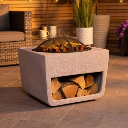 Image of CHARLES BENTLEY Outdoor, Garden, Patio, 50cm Square Magnesia Fire Pit With Mesh Cover, Cooking Grill, Patio Heater, With Poker, Lightweight Modern MGO Design, Wood And Charcoal Burner (52x52x48cm)