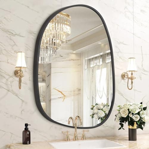 Image of HLFMVWE Irregular Wall Mirror, Black Wall Mirrors Decorative 45x65 CM Asymmetrical Bathroom Mirrors Aluminum Alloy Frame for Bedroom, Living Room, Cloakroom, Entryway Large