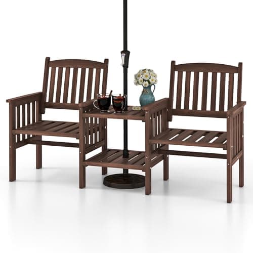 Image of RELAX4LIFE 2-Seater Garden Loveseat, Outdoor Fir Wood Companion Bench Seat with 2 Tier Coffee Table & 5cm Umbrella Hole, Patio Twin Chairs Conversation Furniture Set for Porch, Deck and Balcony