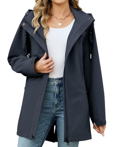 Image of CMTOP Women's Jackets Long Waterproof Jacket Windproof Parka Jacket Detachable Hood Parka Coat Lightweight Windbreaker Outdoor Coats with Pockets for Spring and Autumn(Navy Blue,L)