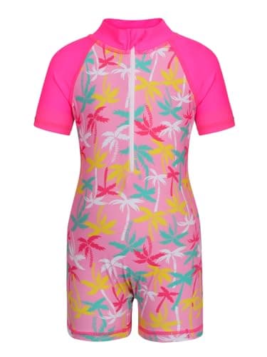 Image of AmzBarley Girls Swimming Costume Kids One Piece Swimsuit Mermaid Swimwear Zipper Swimsuits Short Sleeve Surfing Rash Guard Rose Age 7-8 Years Size 130