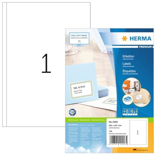 Image of HERMA Self Adhesive Multipurpose Labels, 1 Label per A4 Sheet, 100 Sheets, 200 x 297 mm, 100 Labels, Blank Universal Labels Stickers, Sticky Labels for Laser & Inkjet Printer, White