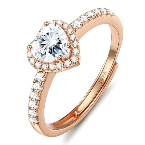 Image of Chriscoco 925 Sterling Silver Ring for Women Rose Gold Love Heart Ring Adjustable Cubic Zirconia Rings Simulated Diamond Ring Engagement Promise Wedding Rings with Jewellery Box