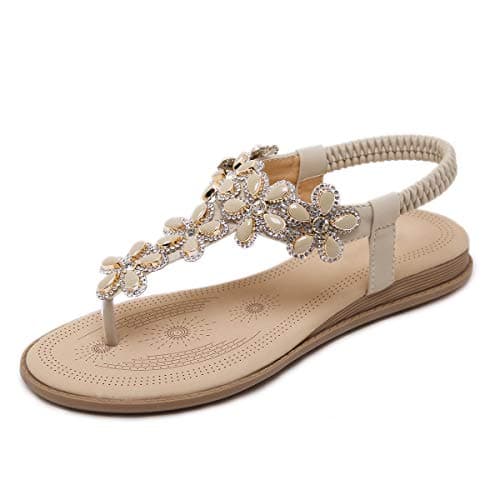 Image of iCKER Women's Flat Sandals Ladies Thong Flat Sandals Bohemian Beaded Strap Sandals Rhinestone Leather Sandals,3UK(label size 37),Apricot