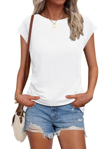 Image of AirMood Womens Cap Sleeve Crewneck Tshirt Tops Summer Casual Plain Tee Shirt (White,M)