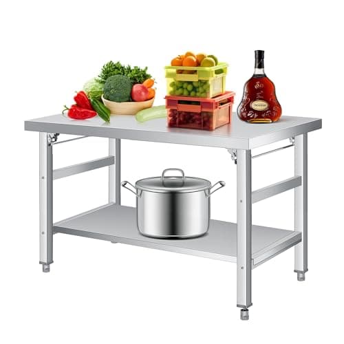 Image of Aptliton Heavy-Duty Stainless Steel Folding Prep Table, Double-Tier Workstation with Adjustable Undershelf, Fixed Feet, 36/48/60 x 24 in, for Commercial Kitchen, Restaurant, Garage