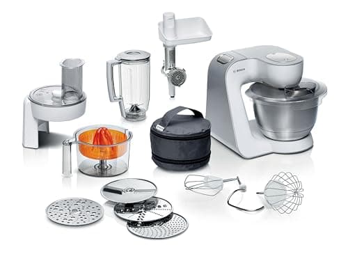 Image of Bosch CreationLine 7 in 1 Stand Mixer MUM58259GB with 11 accessories, 7 Speeds, dough hook, whisk, beater, blender, juicer, mincer, shredder, 1000W, White/Silver