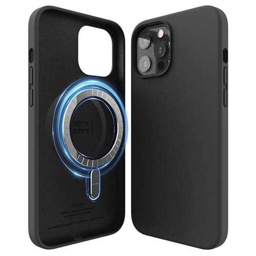 Image of elago Magnetic Silicone Case Compatible with iPhone 12 and Compatible with iPhone 12 Pro 6.1 Inch - Built-in Magnets, Compatible with MagSafe accessories (Black)