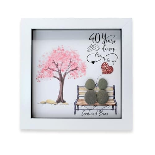 Image of Personalised Ruby 40th Wedding Anniversary Pebble Art Frame, Unique Handmade 40th Wedding Anniversary Keepsake for Husband, Wife, Parents, Couple, Friends