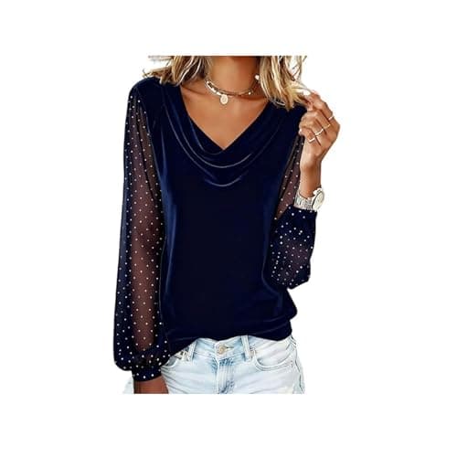 Image of Velvet Tops for Women 2026 New Elegant Loose Velour Holiday Evening Party Shirts Sheer Polka Dot Long Sleeve Dressy Tops (XL,Dark Blue)