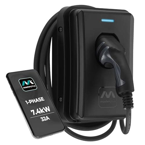 Image of Masterplug Smart EV Home Wall Charger for Type 2 Electric and Plug-In Hybrid Vehicles, Tethered with 5m Cable, Mode 3, App Control, Solar Charging, Single Phase, Black, IP55, 7.4kW, 32A, EVCM3ST7B-MP