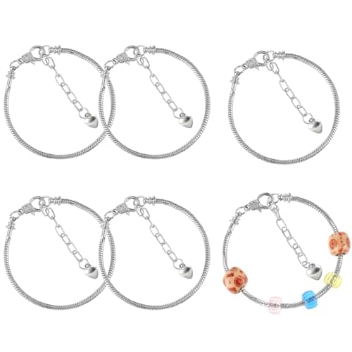 Image of 6 PCS Silver Bracelet Charms 20cm Bracelets Chain Adjustable Snake Chains Bracelet with Heart Lobster Clasp Extender Chain DIY Copper Bracelets Charm Necklace Kit for Women Jewelry Making Supplies