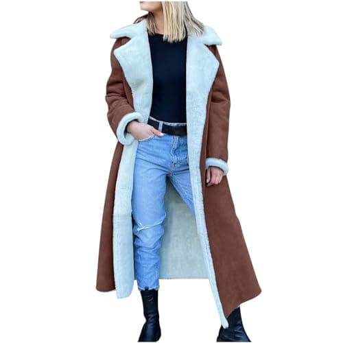 Image of Zeiayuas Winter Coats for Women Faux Suede Shearling Lapel Coat Thermal Sherpa Fleece Lined Long Peacoats Sheepskin Buckle Jackets Warm Plush Overcoat Moto Bomber Jacket Leather Coat Outerwear Coffee