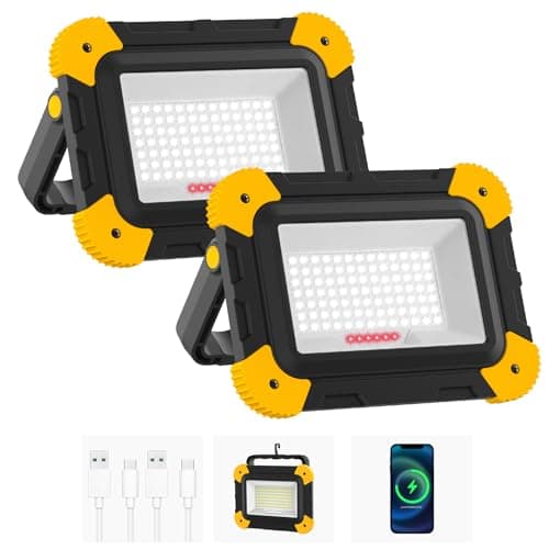 Image of NATPOW 2 x Rechargeable LED Floodlights, 5 Modes Battery with USB Cable, 4000 mAh Portable Construction Lighting, IP65 Waterproof Construction Light for Garage, Camping, Fishing