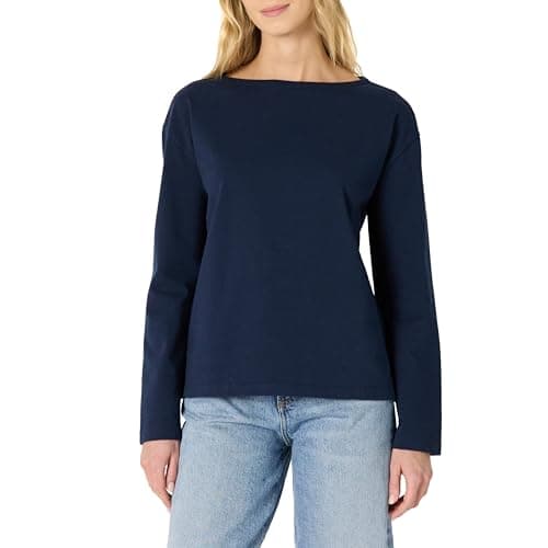 Image of Amazon Essentials Women's 100% Cotton Heavyweight Relaxed-Fit Long-Sleeve Boatneck Top, Navy, L
