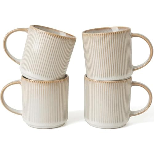 Image of Richmount Star Coffee Mugs Set of 4, 12oz/340ml Stoneware Tea Cups with Large Handle for Latte/Cappuccino/Milk/Cocoa/Tea, Microwave & Dishwasher Safe, Cappuccino White