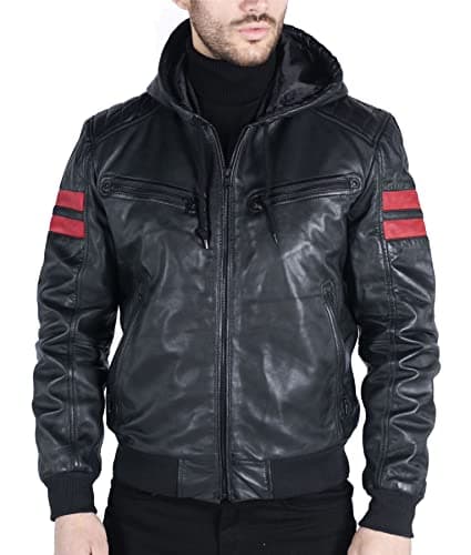 Image of TruClothing Men's Bomber Jacket Outwear Windproof Winter Real Leather Jackets Coat Quilted Hood - Black XL