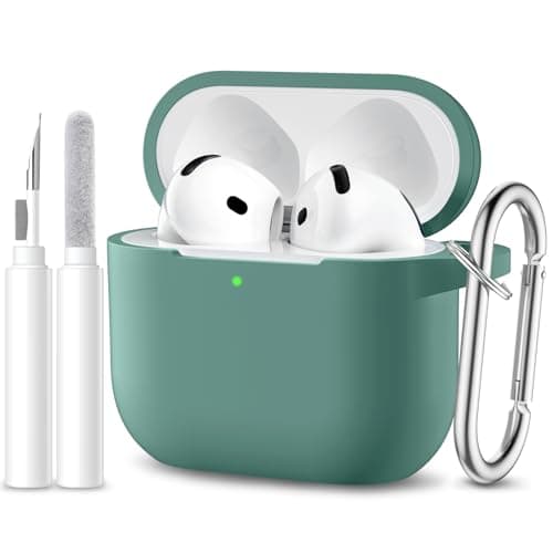 Image of Maledan Case Compatible with AirPods 4 Case Cover 2024, Soft Silicone Full Body Protective Shockproof Cover for Apple AirPods 4th Generation Case with Cleaner Kit&Carabiner [LED Visible],PineGreen