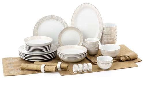 Image of Waterside 50pc Gold Radiance Porcelain Dinner Set; 6 Dinner Plates, Side Plates, Soup Bowls, Deep Bowls, Snack Bowls, Napkin Rings, 1 Platter and 13pc Tablecloth Set