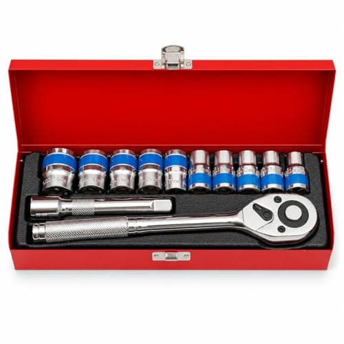 Image of KATSU 1/2 Inch Socket Set 12Cs, 10-24mm in Steel Case Metric Drive with 24-Teeth Quick-Released Ratchet Wrench and 5" Extension Bar, High Grade Chrome Vanadium Steel, Auto Repairing Garage Tool