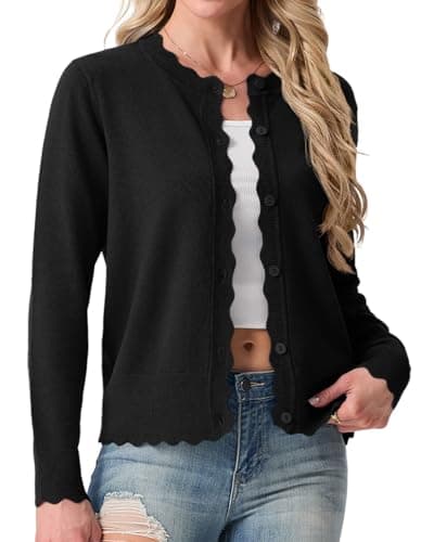 Image of GRECERELLE Women's Cardigans Knit Crew Neck Lightweight Long Sleeve Cardigan Sweater Ladies Button Down Scalloped Shrugs Jumper for Dress Summer Evening Wedding (Black, M)