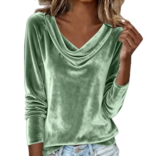 Image of Velvet Tops for Women Elegant Cowl Neck Pleated Blouse Dressy Casual Going Out Puff Long Sleeve Tops Autumn Clothes (Z06-Mint Green, L)