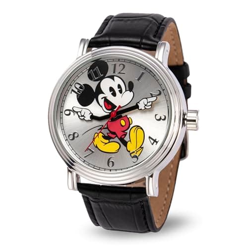 Image of Disney Mickey Mouse Adult Vintage Articulating Hands Analog Quartz Watch, Silver, Silver, Black, Quartz Movement