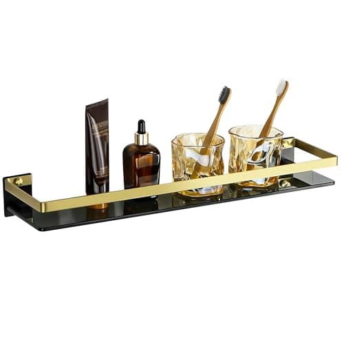 Image of SAYAYO Bathroom Shelf Tempered Black Glass Shelf Wall Mounted 50CM Large Capacity with SUS304 Stainless Steel Gold Rail, Shower Storage Shelves