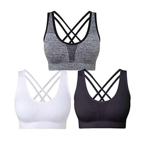 Image of SEGRILA Women’s Sports Bras 3 Pack Crisscross Back Yoga Bras Medium Support Workout Bras with Removable Pads（Black&White&Grey, M）