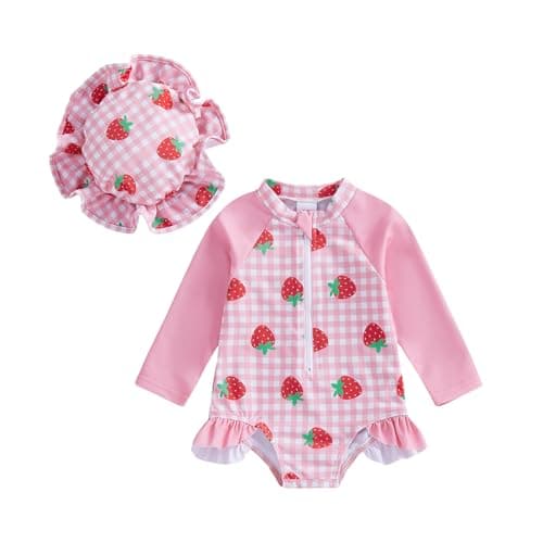 Image of Lshyuehao Toddler Baby Girl Swimsuit Long Sleeve Ruffle Floral Bow Strawberry One-Piece Zipper Bathing Suit Rash Guard with Sun Hat (A-Pink, 6-12 Months)