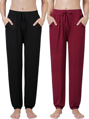 Image of Ymmchy Women's Pajama Pants Soft Pyjama Bottoms Lounge Trousers Sleep Pants with Pockets 2-Pack Black/Wine Red S